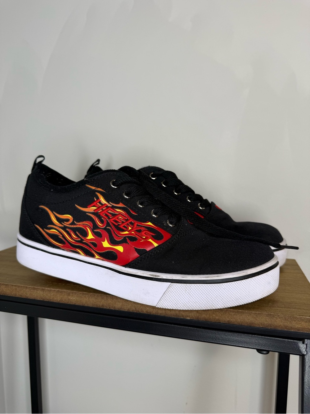 Heelys Black Canvas Sneakers with Red and Yellow Flame Graphic